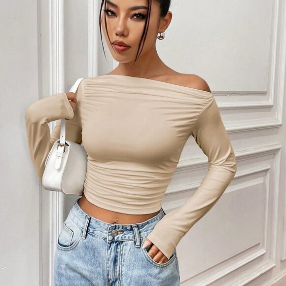 Apricot Casual Women's Asymmetrical Collar Pleated Long Sleeve T-Shirt - Picture 5 of 5